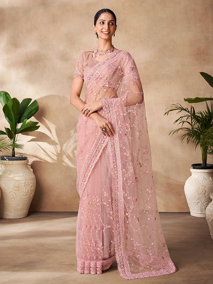 Rajwada Peach Net Embroidered Saree With Unstitched Blouse For Women