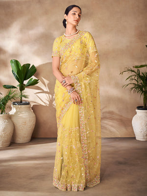 Rajwada Yellow Net Embroidered Saree With Unstitched Blouse For Women