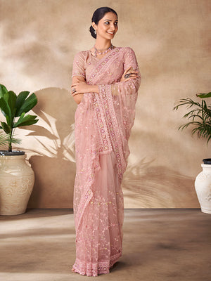 Rajwada Peach Net Embroidered Saree With Unstitched Blouse For Women