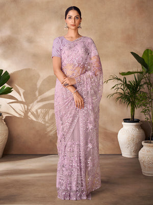 Rajwada Purple Net Embroidered Saree With Unstitched Blouse For Women