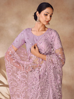 Rajwada Purple Net Embroidered Saree With Unstitched Blouse For Women