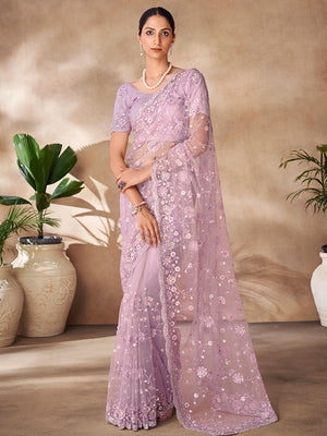 Rajwada Purple Net Embroidered Saree With Unstitched Blouse For Women