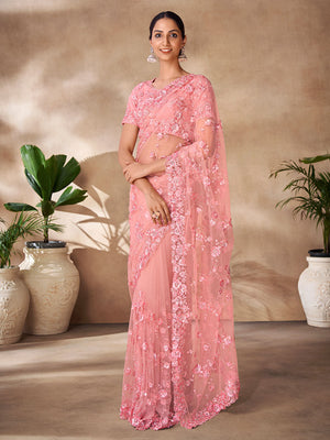 Rajwada Peach Net Embroidered Saree With Unstitched Blouse For Women