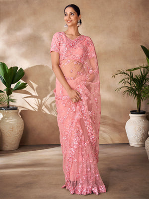 Rajwada Peach Net Embroidered Saree With Unstitched Blouse For Women