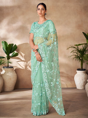 Rajwada Green Net Embroidered Saree With Unstitched Blouse For Women