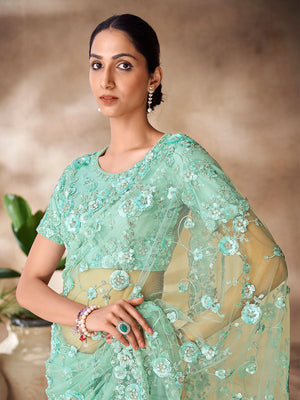 Rajwada Green Net Embroidered Saree With Unstitched Blouse For Women
