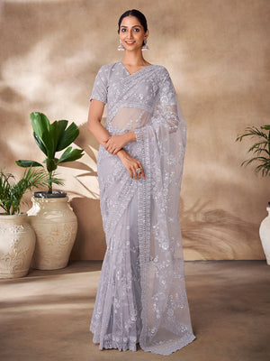 Rajwada Grey Net Embroidered Saree With Unstitched Blouse For Women