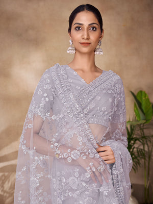 Rajwada Grey Net Embroidered Saree With Unstitched Blouse For Women