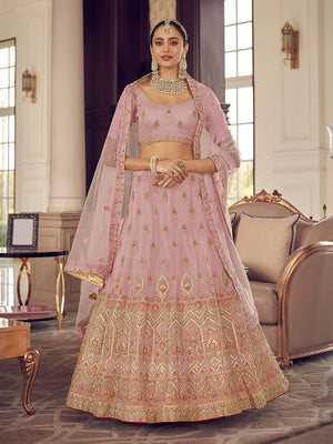 Rajwada Women Pink Organza Semi Stitched Lehenga With Unstitched Blouse