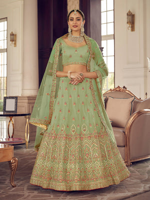 Rajwada Women Green Organza Semi Stitched Lehenga With Unstitched Blouse