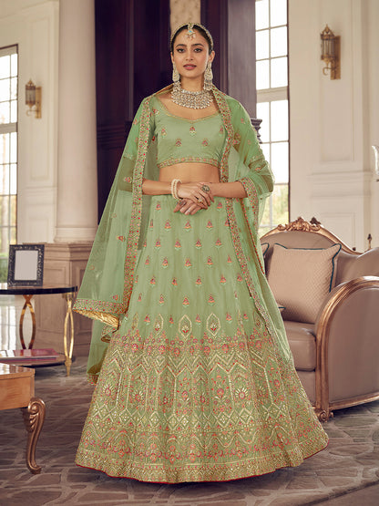 Rajwada Women Green Organza Semi Stitched Lehenga With Unstitched Blouse