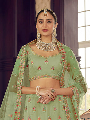 Rajwada Women Green Organza Semi Stitched Lehenga With Unstitched Blouse