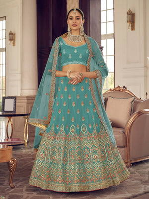 Rajwada Women Light Blue Embroidered Organza Semi Stitched Lehenga With Unstitched Blouse