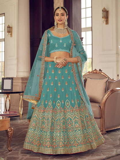 Rajwada Women Light Blue Embroidered Organza Semi Stitched Lehenga With Unstitched Blouse