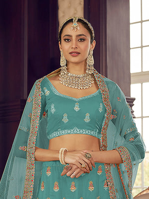 Rajwada Women Light Blue Embroidered Organza Semi Stitched Lehenga With Unstitched Blouse