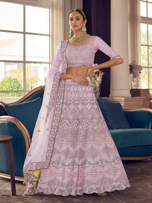Rajwada Women Pink Embroidered Crepe Semi Stitched Lehenga With Unstitched Blouse