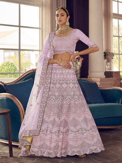 Rajwada Women Pink Embroidered Crepe Semi Stitched Lehenga With Unstitched Blouse