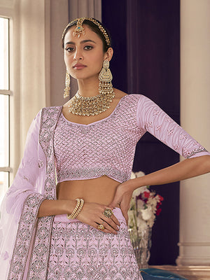 Rajwada Women Pink Embroidered Crepe Semi Stitched Lehenga With Unstitched Blouse