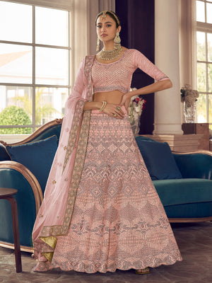 Rajwada Women Peach Crepe Semi Stitched Lehenga With Unstitched Blouse