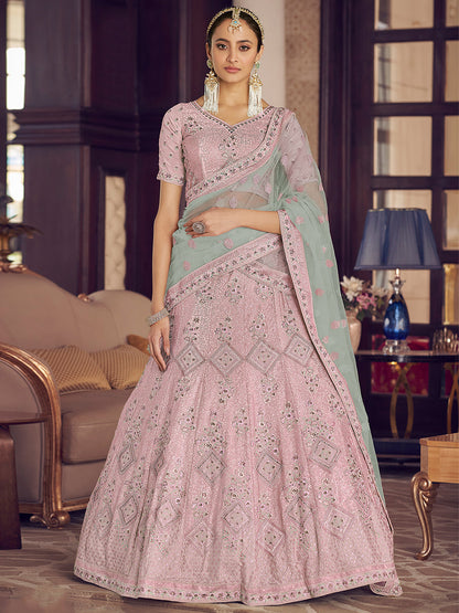 Rajwada Women Pink Embroidered Semi Stitched Lehenga With Unstitched Blouse