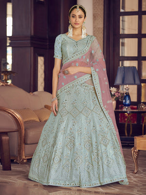 Rajwada Women Light Blue Embroidered Crepe Semi Stitched Lehenga With Unstitched Blouse