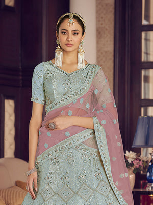 Rajwada Women Light Blue Embroidered Crepe Semi Stitched Lehenga With Unstitched Blouse