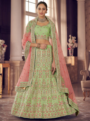 Rajwada Women Green Embroidered Organza Semi Stitched Lehenga With Unstitched Blouse