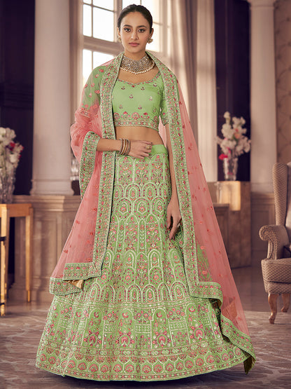 Rajwada Women Green Embroidered Organza Semi Stitched Lehenga With Unstitched Blouse