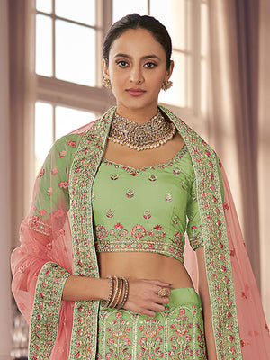Rajwada Women Green Embroidered Organza Semi Stitched Lehenga With Unstitched Blouse