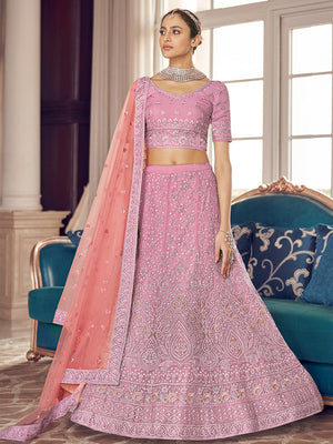 Rajwada Women Pink Embroidered Organza Semi Stitched Lehenga With Unstitched Blouse