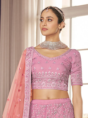 Rajwada Women Pink Embroidered Organza Semi Stitched Lehenga With Unstitched Blouse