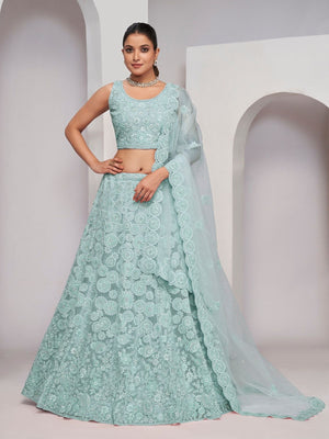 Rajwada Sea Green Net Embellished Semi Stitched Lehenga With Unstitched Blouse For Women