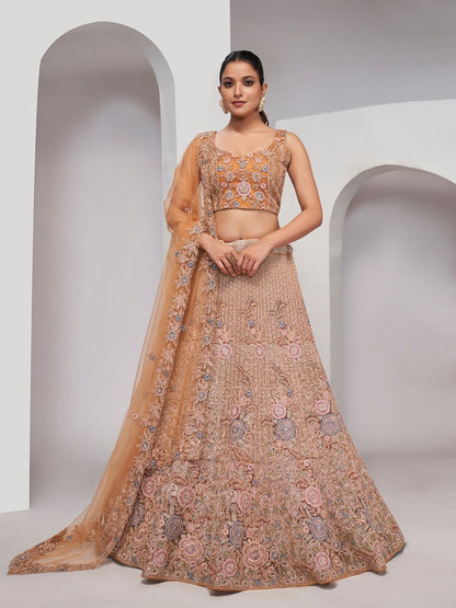 Rajwada Orange Net Embellished Semi Stitched Lehenga With Unstitched Blouse For Women