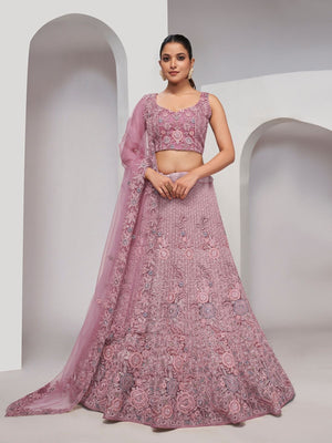 Rajwada Purple Net Embellished Semi Stitched Lehenga With Unstitched Blouse For Women