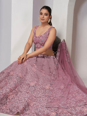 Rajwada Purple Net Embellished Semi Stitched Lehenga With Unstitched Blouse For Women