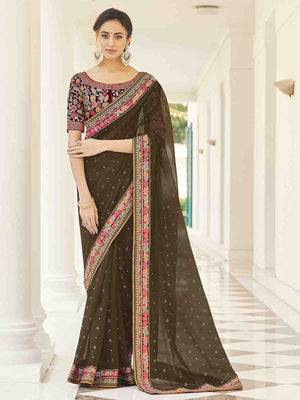 Rajwada Women Olive Organza Embroidered Saree With Unstitched Blouse