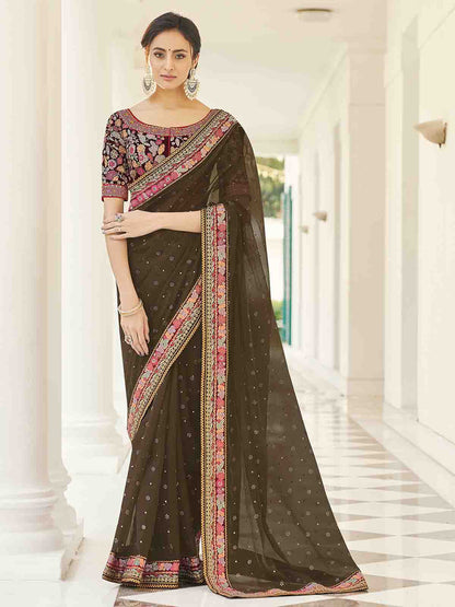 Rajwada Women Olive Organza Embroidered Saree With Unstitched Blouse
