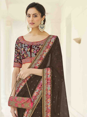 Rajwada Women Olive Organza Embroidered Saree With Unstitched Blouse