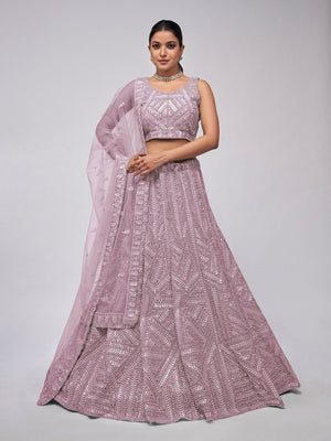 Rajwada Purple Net Embellished Semi Stitched Lehenga With Unstitched Blouse For Women
