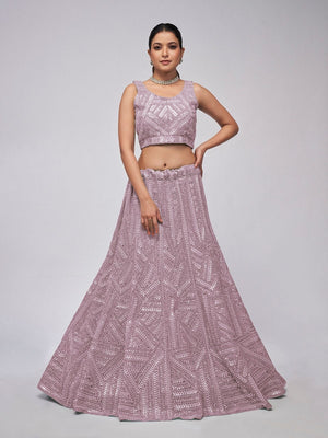Rajwada Purple Net Embellished Semi Stitched Lehenga With Unstitched Blouse For Women