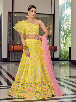 Rajwada Women Designer Yellow Art Silk Semi Stitched Lehenga With Unstitched Blouse