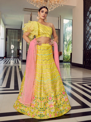 Rajwada Women Designer Yellow Art Silk Semi Stitched Lehenga With Unstitched Blouse