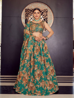 Rajwada Women Green Organza Semi Stitched Lehenga With Unstitched Blouse