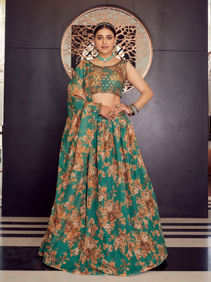 Rajwada Women Green Organza Semi Stitched Lehenga With Unstitched Blouse