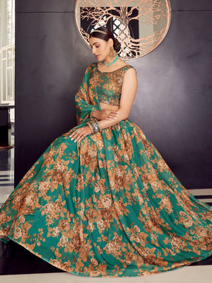 Rajwada Women Green Organza Semi Stitched Lehenga With Unstitched Blouse