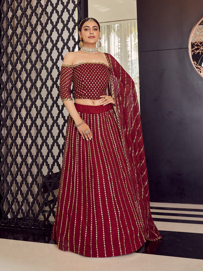 Rajwada Women Georgette Maroon Semi Stitched Lehenga With Unstitched Blouse