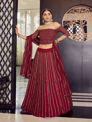 Rajwada Women Georgette Maroon Semi Stitched Lehenga With Unstitched Blouse