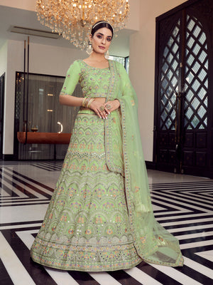 Rajwada Women Green Embroidered Organza Semi Stitched Lehenga With Unstitched Blouse