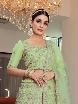 Rajwada Women Green Embroidered Organza Semi Stitched Lehenga With Unstitched Blouse