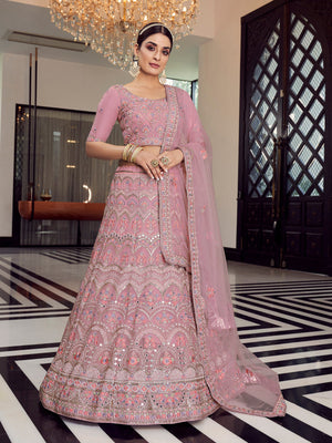 Rajwada Women Pink Embroidered Organza Semi Stitched Lehenga With Unstitched Blouse
